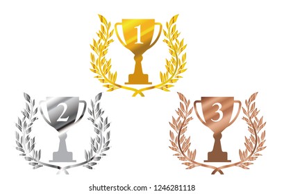 Illustration of laurel leaf design and gold, silver and copper trophies