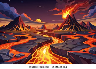 An illustration of a lava river flowing through a mountain