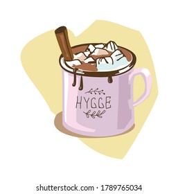 illustration with lavender enamel mug and hot chocolate, marshmallow, cinnamon and Hygge lettering