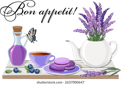 Illustration with lavender and macaroons.Color vector illustration with macaroons, lavender, cup of coffee and blueberries on transparent background with text.
