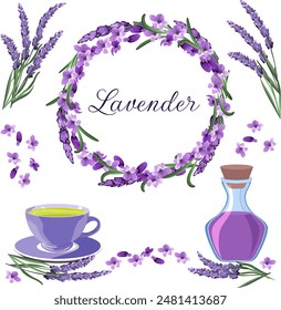 Ilustración con juego de lavanda. Té y aceite de lavanda, corona de lavanda y ramos en juego de Vector.