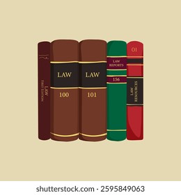 Illustration of law books, featuring law reports, law resources, and law editions. Books are arranged in a row, showcasing themes and topics. Vector illustration.