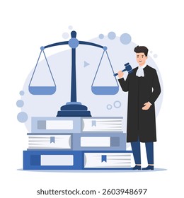 Illustration of law and justice concept with lawyer consulting, legal advice, and courtroom scene judge hammer Legal advice