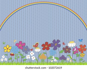 illustration - lawn with flowers and butterflies under the rainbow
