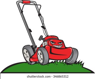 Illustration of a lawnmower on grass viewed from front set on isolated white background done in cartoon style. 