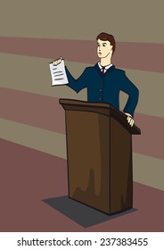 illustration of a lawyer standing behind a table on a dark background
