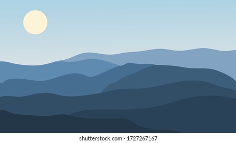 Illustration of layer of mountain at sunset time.
