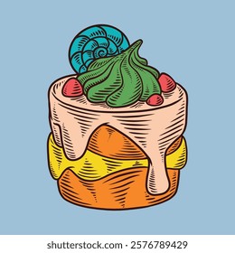 Illustration of a layered cake with delicious cream, pastel colors