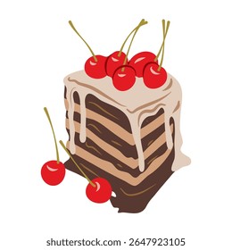 Ilustração de bolo de sobremesa em camadas coberto com cerejas e creme para menus de sobremesa ou ilustrações de receita, perfeito para apresentações de alimentos.
