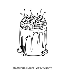 Ilustração de bolo de sobremesa em camadas coberto com cerejas e creme para menus de sobremesa ou ilustrações de receita, perfeito para apresentações de alimentos.