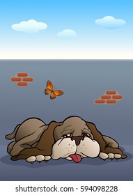 illustration of a lazy brown puppy dog on outdoor background