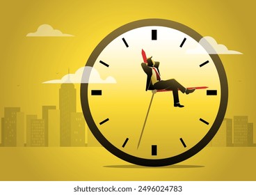 An illustration of lazy businessman sleeping on the time running clock. Employee Wasted time or procrastination, lazy to work, self discipline problem, tired or no motivation concept