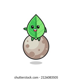 illustration of leaf cartoon sitting on the moon , cute style design for t shirt, sticker, logo element