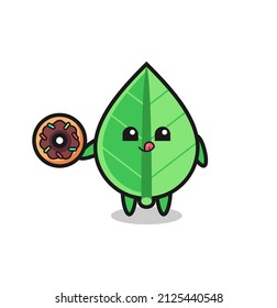 illustration of an leaf character eating a doughnut , cute style design for t shirt, sticker, logo element