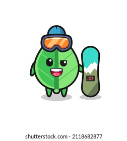 Illustration of leaf character with snowboarding style , cute style design for t shirt, sticker, logo element