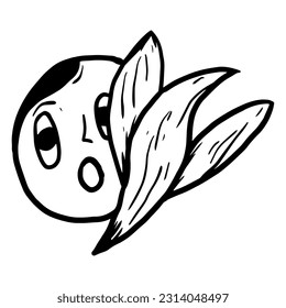 An illustration of a leaf and a character's face in a round shape with a lineart style