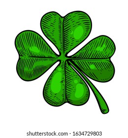 Illustration of leaf of clover in engraving style. Design element for poster, card, banner, flyer. Vector illustration