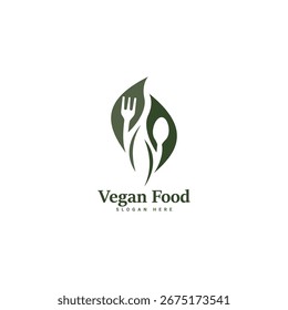Ilustración de un diseño de logotipo de tenedor de hoja para una dieta vegetariana, comida ecológica. Un icono de cuchara y tenedor de bebida vegana saludable, un símbolo de menú de cafetería de restaurante y una receta de plato de hierbas.