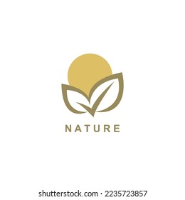 Illustration of leaf and sun. Illustration suitable for web logo business nature concept. Agriculture, farm and beauty.