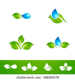 Illustration of Leaf and Water Drop Logo Set