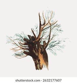 Illustration d'un arbre sans feuilles avec des branches nues. Les branches de l'arbre sont complexes, montrant une représentation détaillée et artistique d'un arbre sans feuilles. Image vectorielle d'illustration d'art Vintage.
