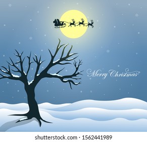 Ilustración de un árbol sin hojas en invierno. Papá Noel vuela en el cielo con vistas a la luna amarilla.Feliz tarjeta de felicitación de Navidad.