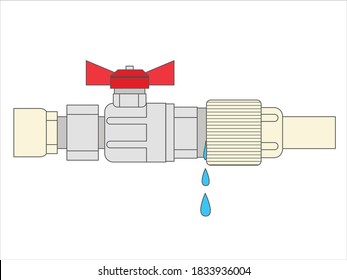 Illustration of a leaking pipe with leaking water.  The broken pipe. Water leakage. 
Flat vector style illustration.
