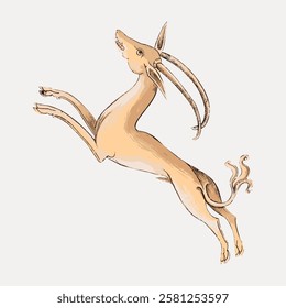 Illustration of a leaping antelope with long horns. The antelope is depicted in a dynamic pose, showcasing its grace and agility. Elegant antelope artwork. Vintage animal illustration isolated, vector