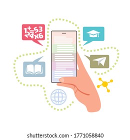 illustration of learning digital, 
Digital Online Education Application learning world wide on phone,
Hands holding smartphones. Stylized hand drawn 
Vector illustration for Mobile Application or web 