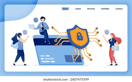 Illustration of Learning engine as a shield chip secures and authorizes credit card transactions, ensuring encrypted cloud based financial protection. Designed for banner, website, startup, apps, ads