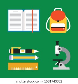Illustration of learning tools such as books, pens, rulers, pencils, bags and microscopes. Vector illustration