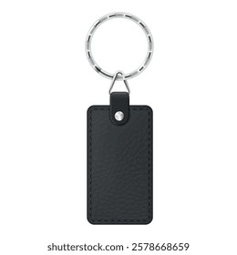 An illustration of a leather keychain that features a rectangular tag attached to a sturdy metal ring. Ideal for storing keys or as a stylish accessory for everyday use.