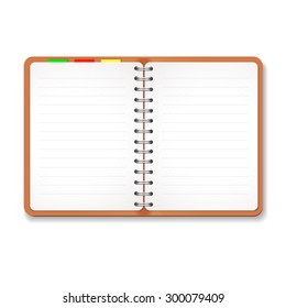 Illustration Of A Leather Notebook  With Spiral, Colorful Tabs,  Blank Lined Paper