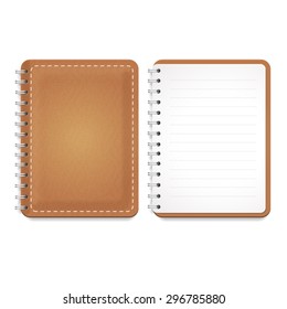Illustration of a leather notebook with spiral, opened notepad with blank lined paper and front cover.  Vector isolated on white.