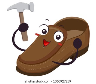 Illustration of a Leather Shoe Mascot Holding a Hammer for Shoe Making