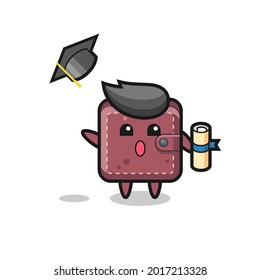 Illustration of leather wallet cartoon throwing the hat at graduation