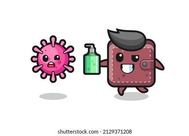 ilustración del personaje de la cartera de cuero persiguiendo el virus del mal con el sanitizador de la mano , diseño de estilo lindo para camiseta, pegatina, elemento logo