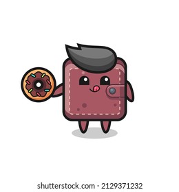 illustration of an leather wallet character eating a doughnut , cute style design for t shirt, sticker, logo element