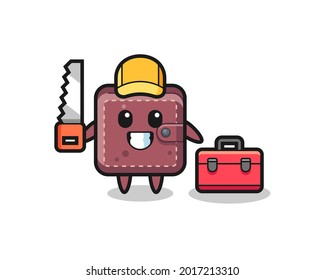 Illustration of leather wallet character as a woodworker