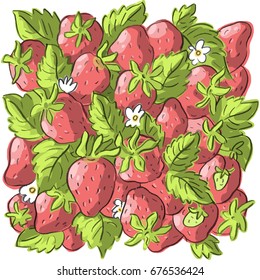 Illustration with leaves and berries of strawberry