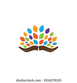 Illustration leaves colorful with hand care vector logo design