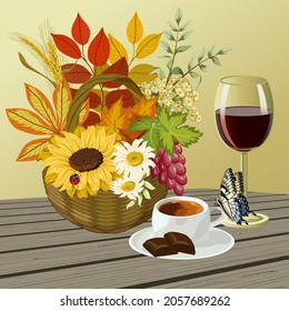 Illustration with leaves and drinks.Basket with autumn leaves, a cup of coffee, a glass of wine on a wooden background in color vector illustration.