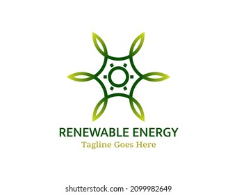 illustration of leaves and fire forming hexagonal shape with sun in center for renewable energy logo