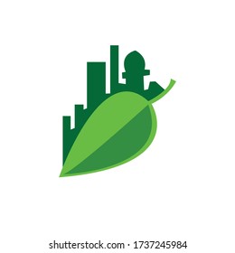 Illustration of leaves with several buildings. Isolated vector