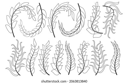 Illustration von Blättern und Baumstämmen mit verschiedenen Modellen und Arten von Blättern, Umrissblätter im Herbst. für Ornamente mit Wald- und Pflanzenthemen