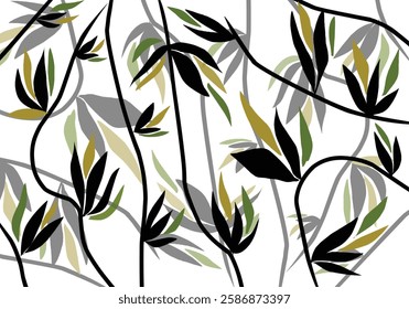 illustration of leaves and twigs forming an ornamental pattern on a white background