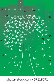 Illustration of The Leaves Withered from the tree in Building Background
