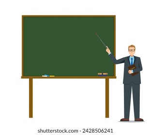 Illustration of a lecture seminar image of a white man with a blackboard and a flat design.
