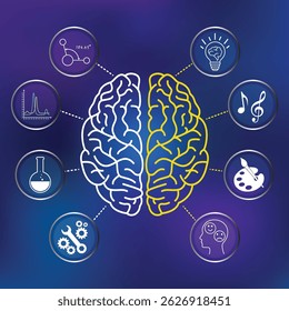  Illustration of left vs right brain functions, showing logic vs creativity through colorful, symbolic icons.