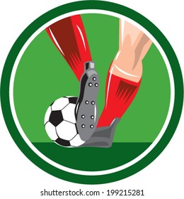 Illustration of a leg foot kicking a soccer ball set inside circle done in retro style.